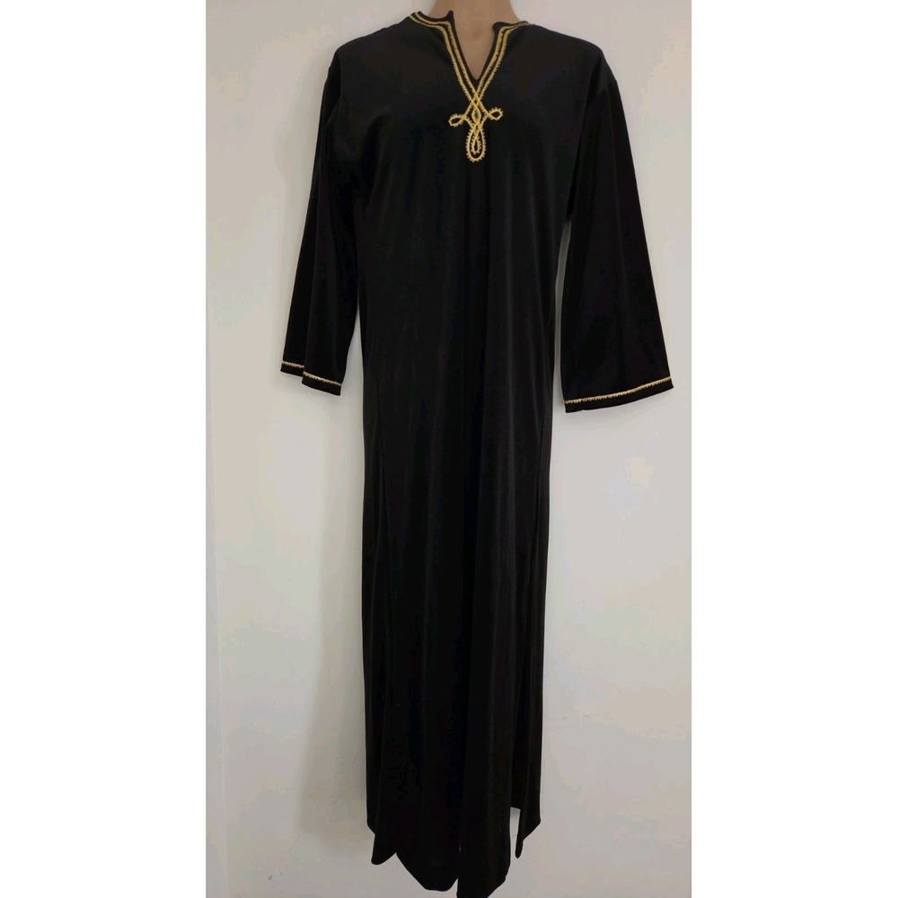 Vtg 60s 70s Evelyn Pearson Black Velour Maxi Caftan Robe Loungedress Gold Trim S